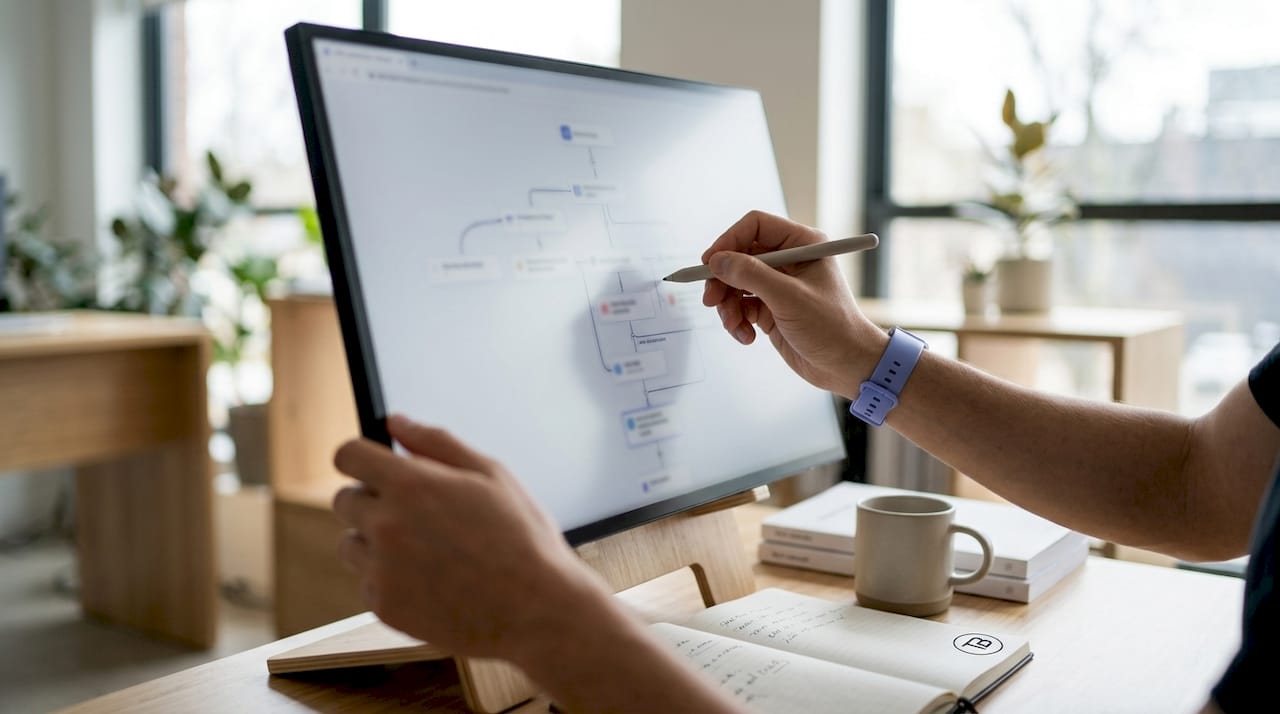Hands configuring CRM workflow on touchscreen monitor