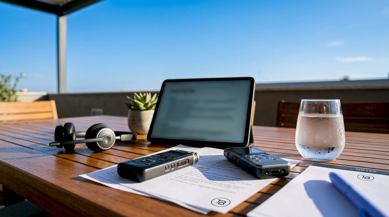 Desk with AI transcription devices and notes