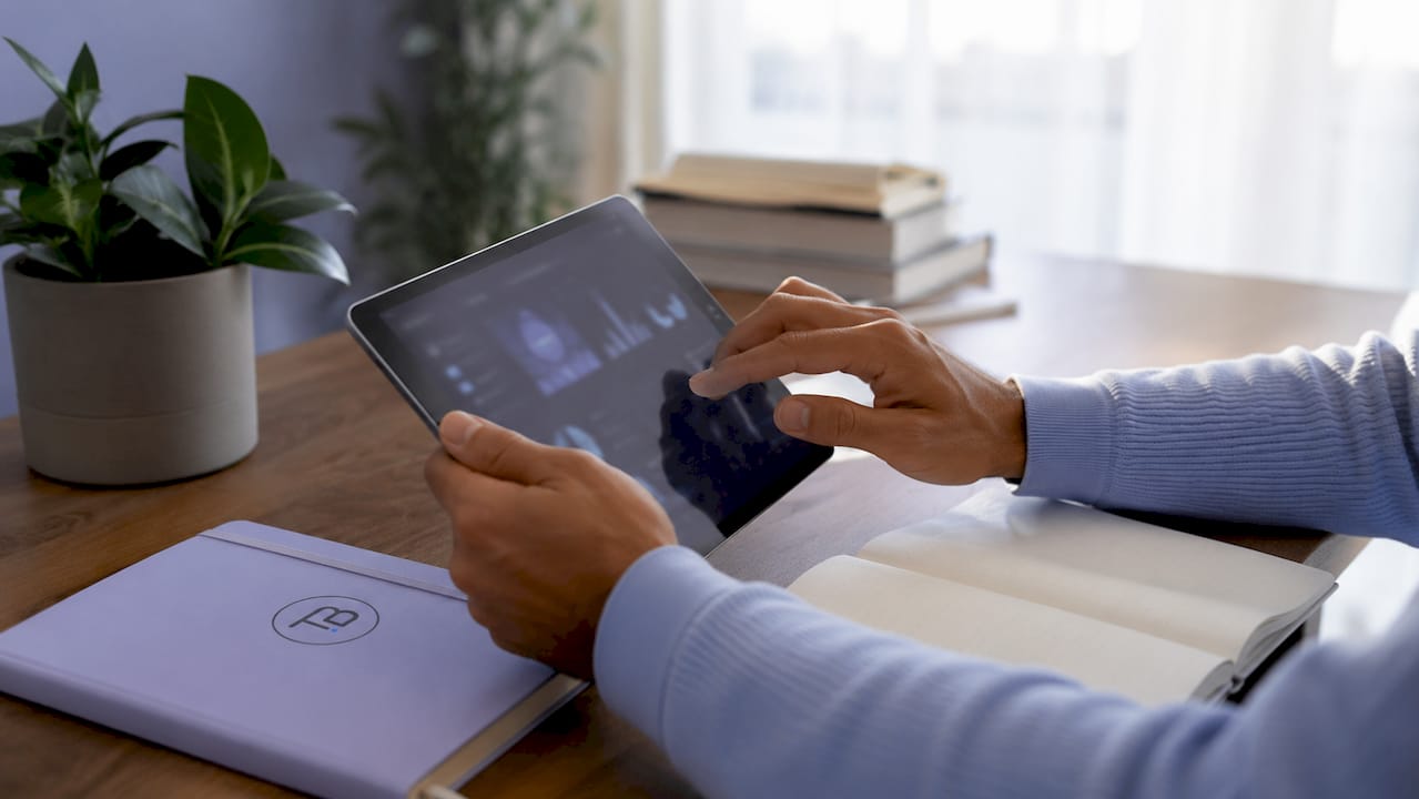 Hands using touchscreen tablet with marketing analytics