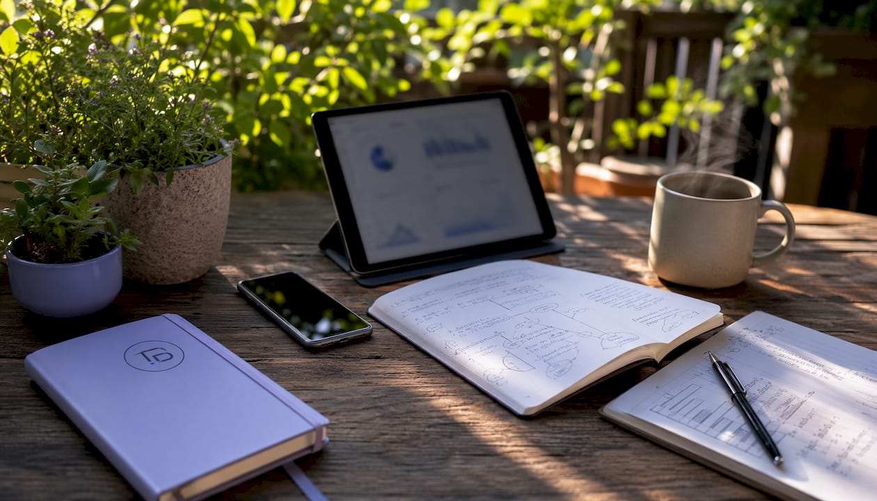 Top-down view of analytics tools and notes