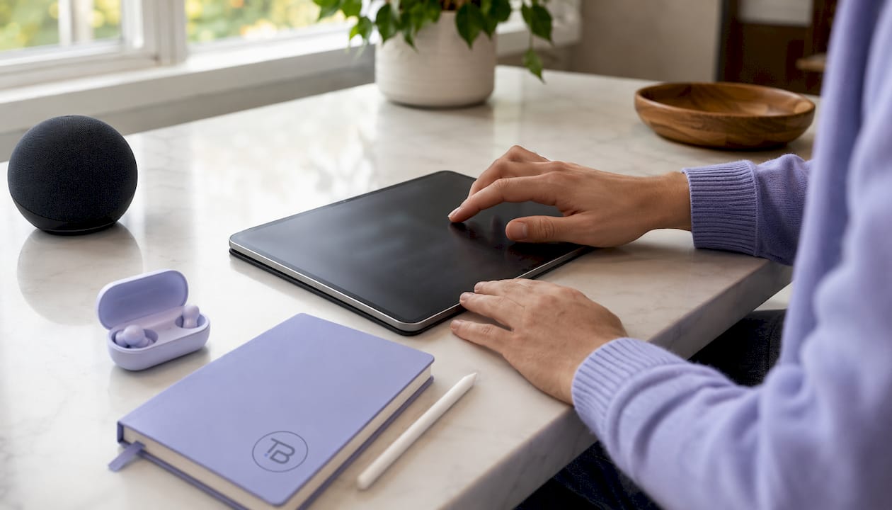 Hands interacting with tablet and automation devices