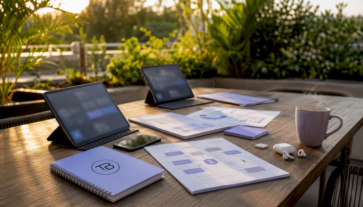 Overhead view of meeting room table with tech devices