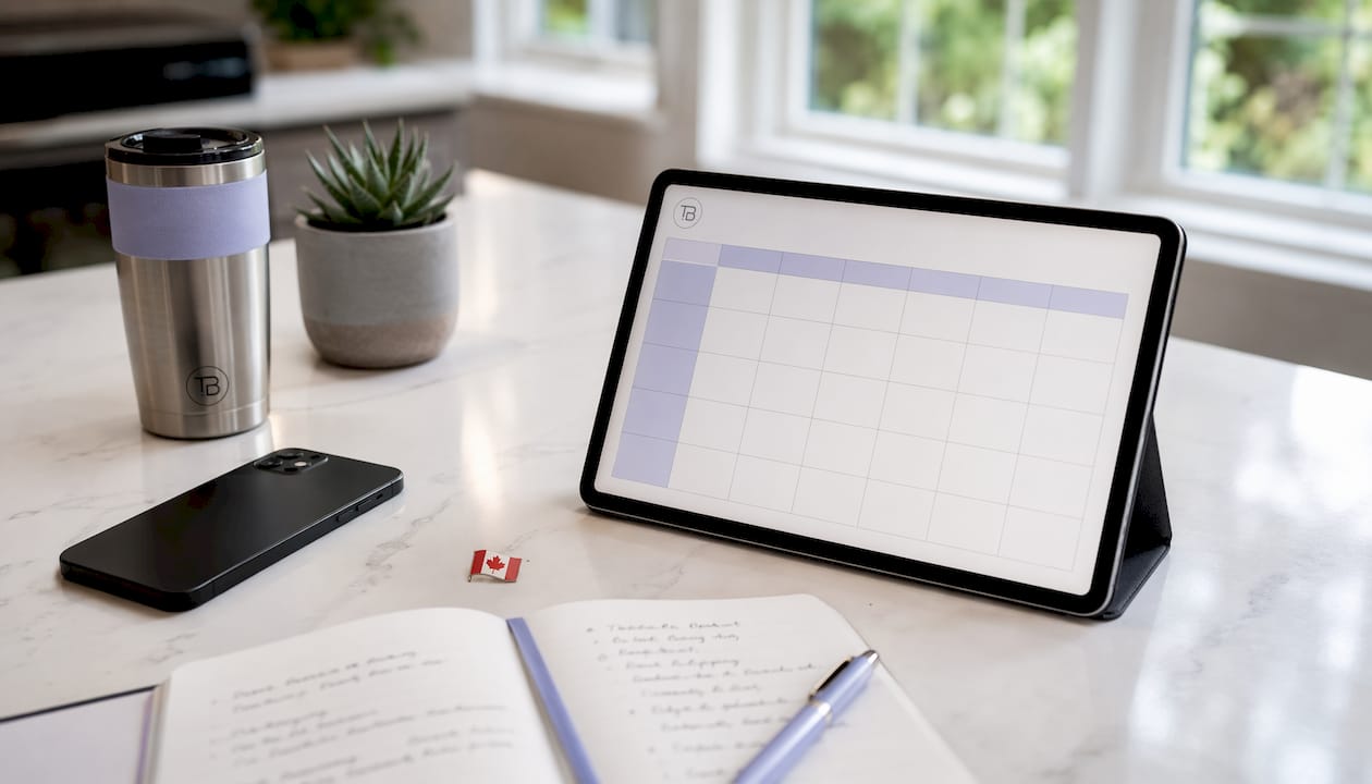 Overhead view of campaign planning tools with Canadian flag pin on white desk