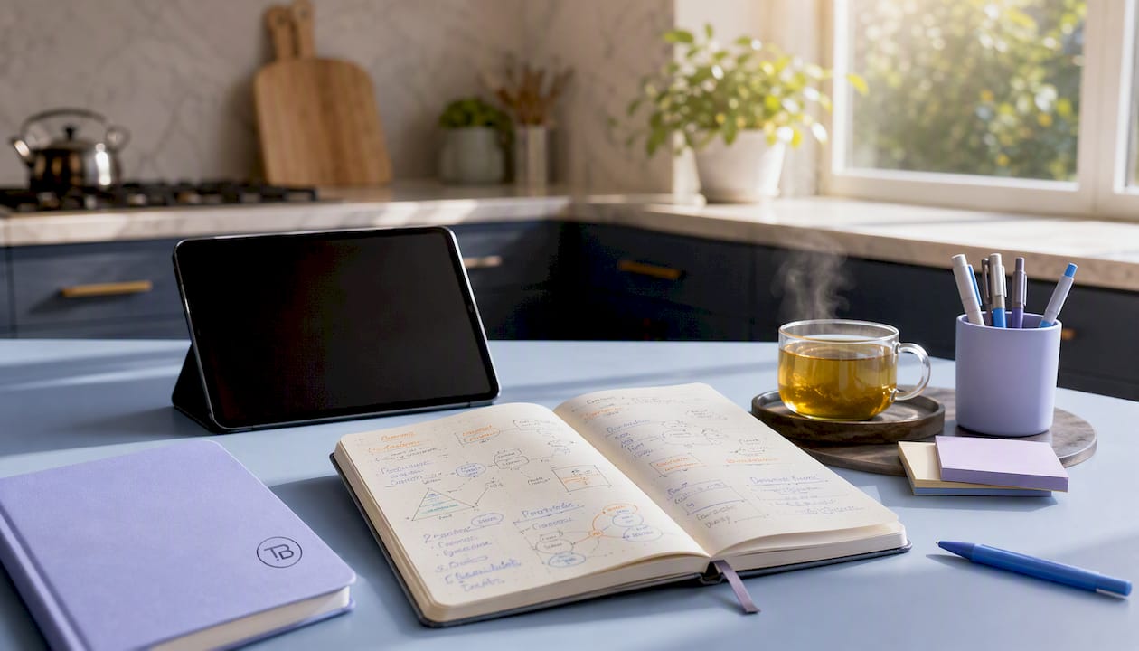 Desk with notebooks and tablet for Ads setup