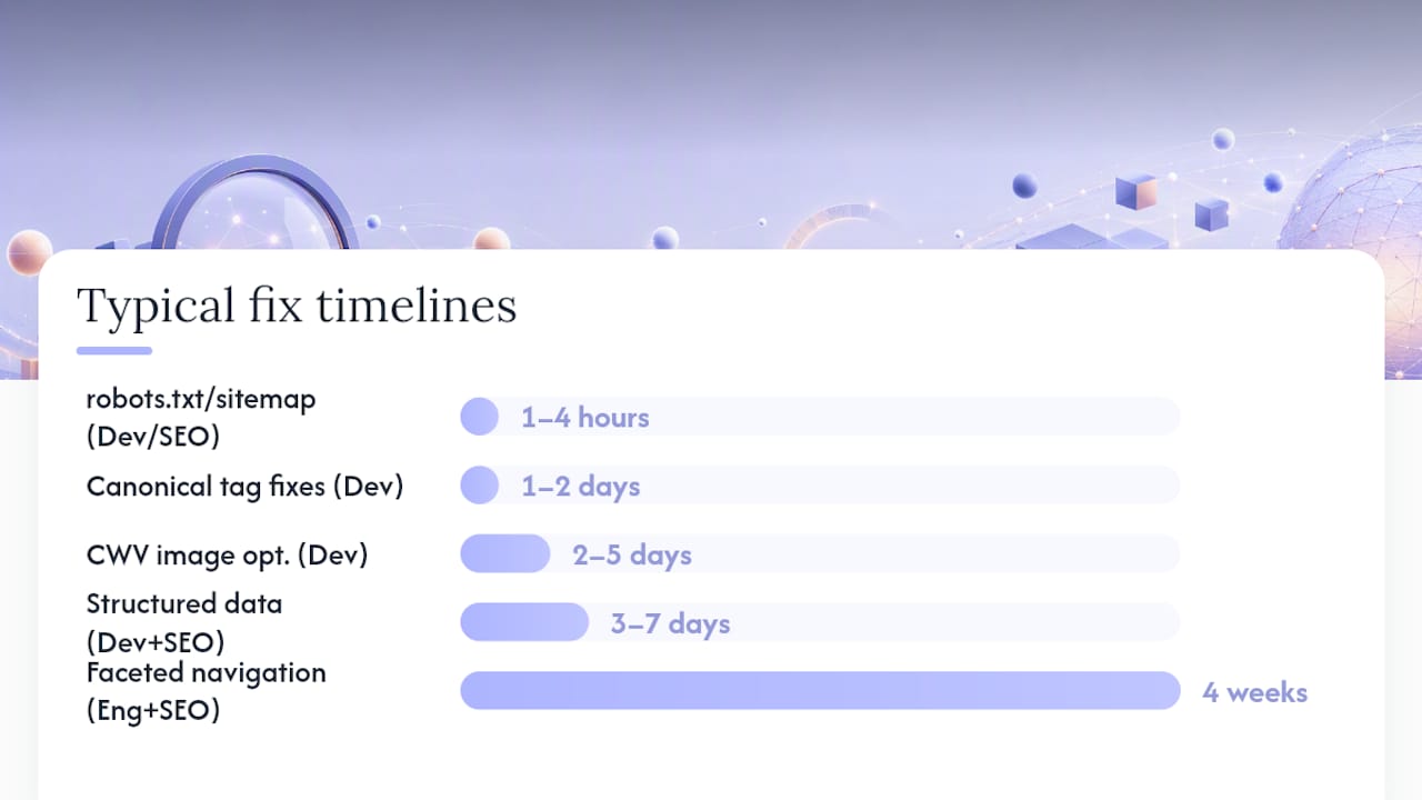 Diagram timeline of SEO fix categories and owners