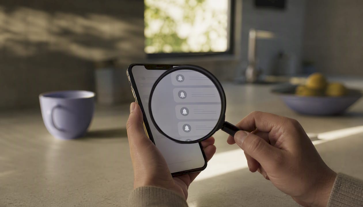 Hand holding magnifying glass over smartphone