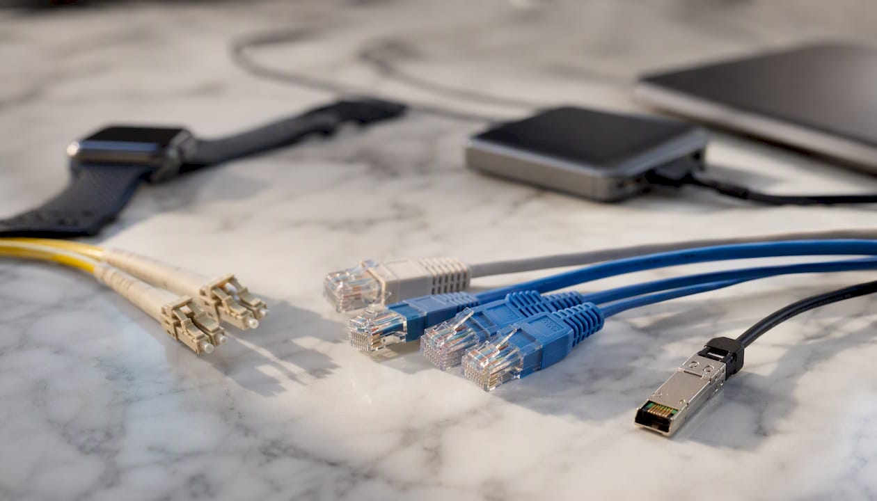 Close-up of network cables and tech gadgets on desk