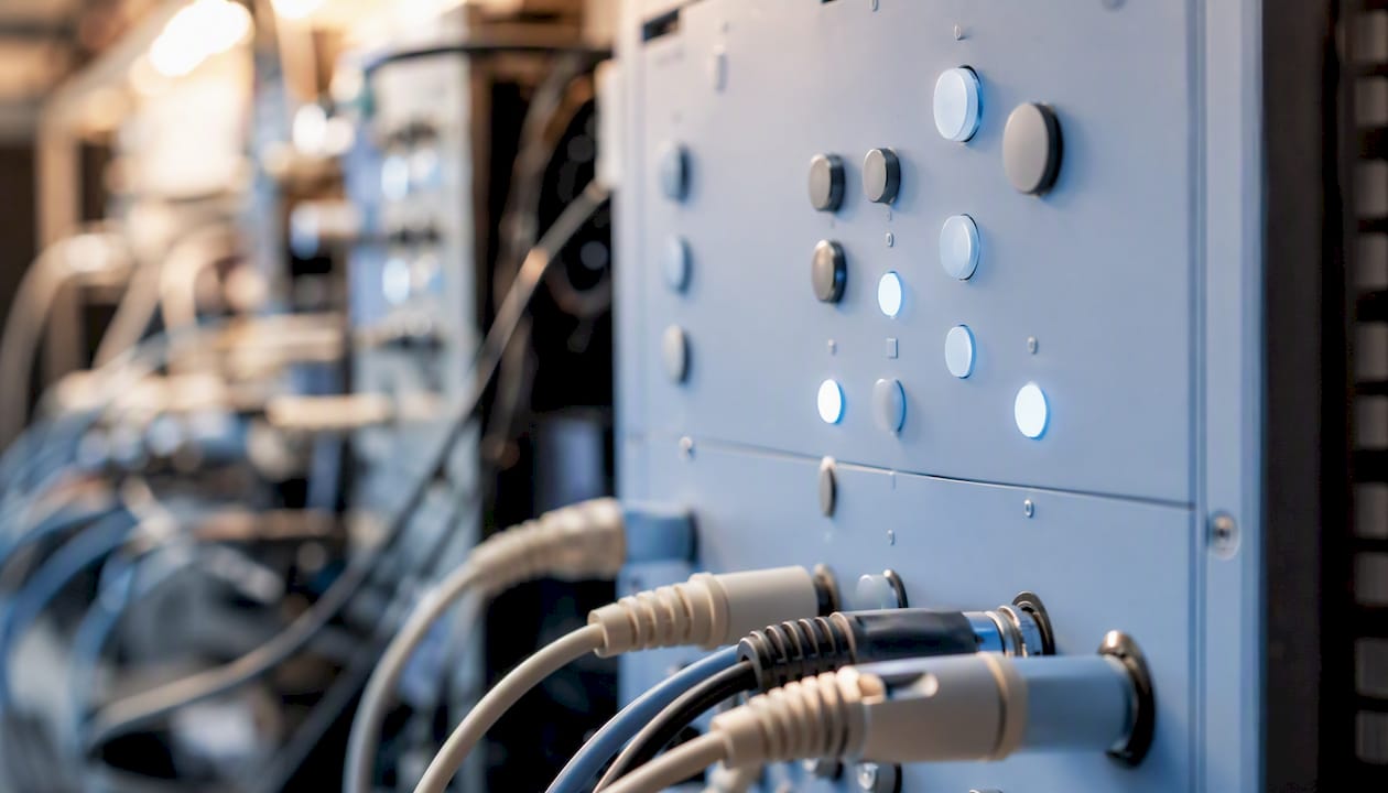 Close-up of network device with indicator lights
