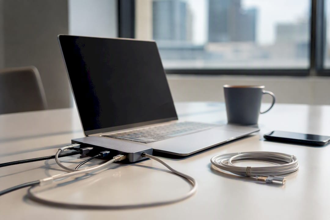 Modern desk with cables and inactive laptop screen