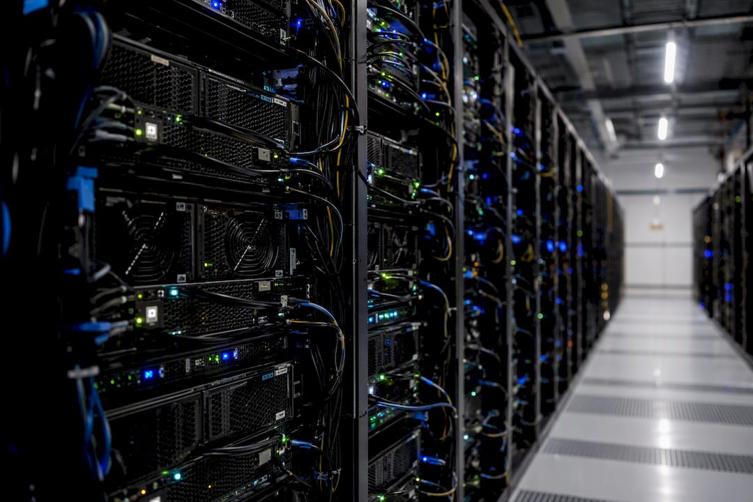 GPU server racks and cooling units in data center