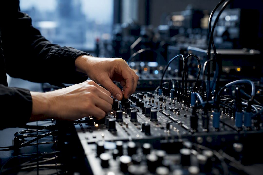 Hands adjusting control panel in marketing setup