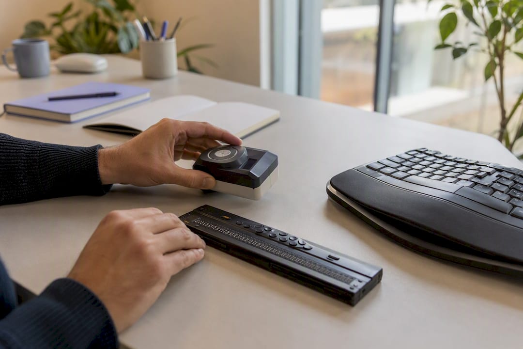 Hands arranging website accessibility testing devices