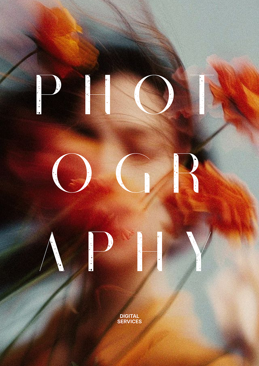Blurred face of a person with orange flowers and the text 'PHOTOGRAPHY' overlaid.