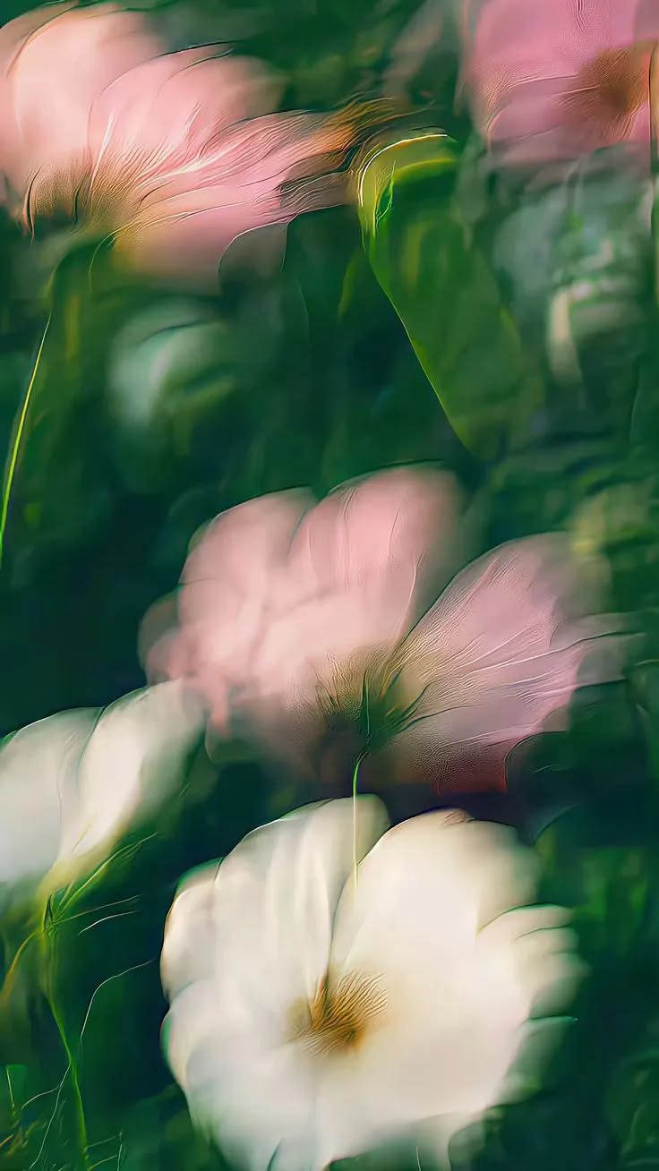 Soft-focus image of pink and white flowers with green leaves in the background.