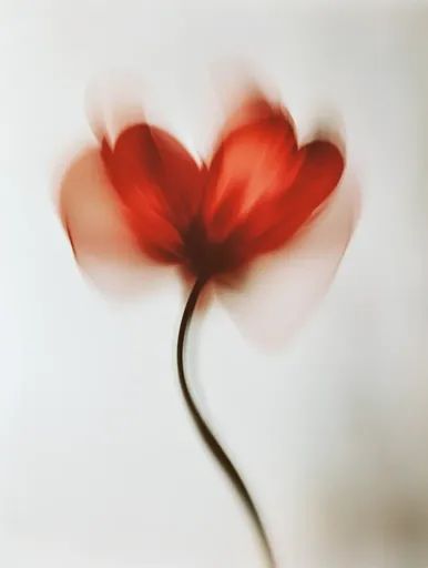 Blurred red flower with a curved stem on a light background.