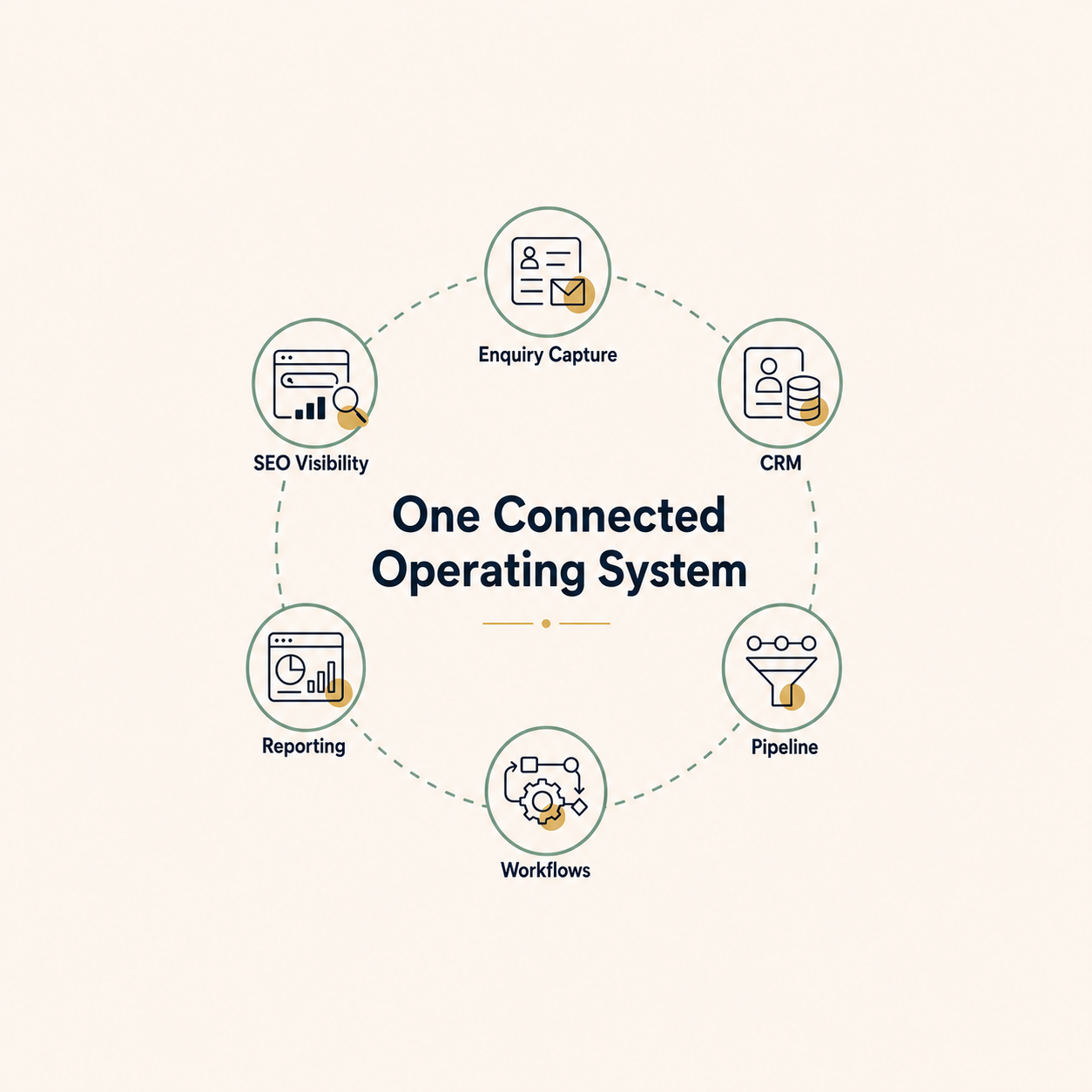 One connected operating system showing enquiry capture, CRM, pipeline, workflows, reporting and website visibility