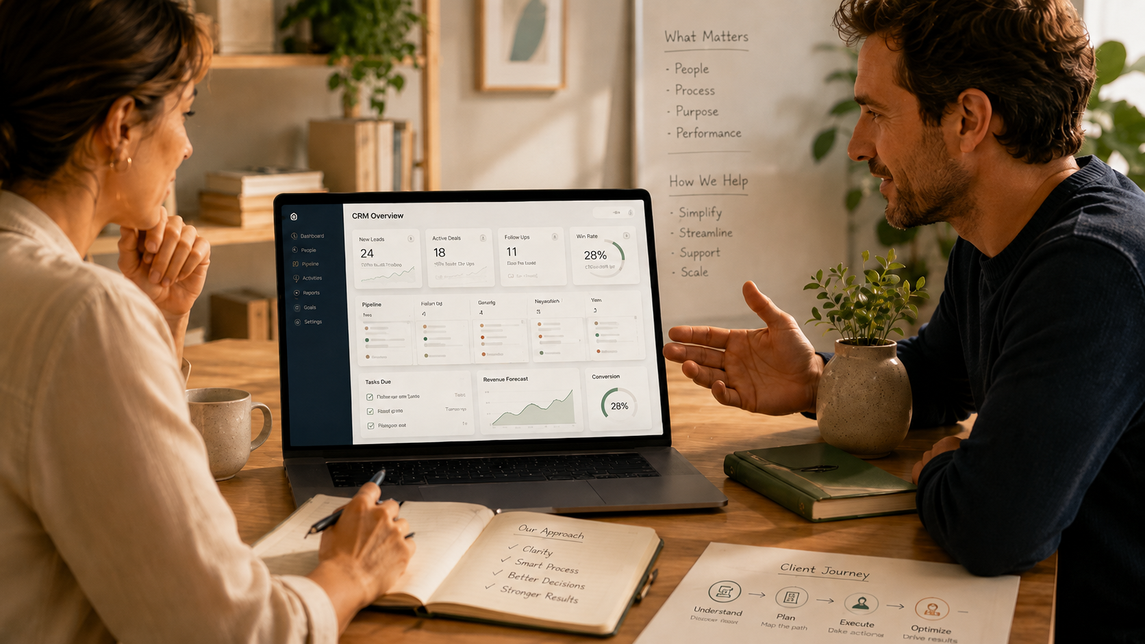 Founder working on a laptop with CRM notes and client systems planning