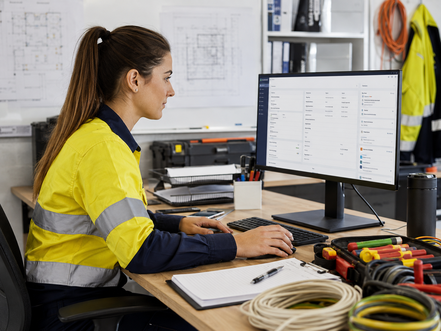 Electrician reviewing customer quotes on a computer