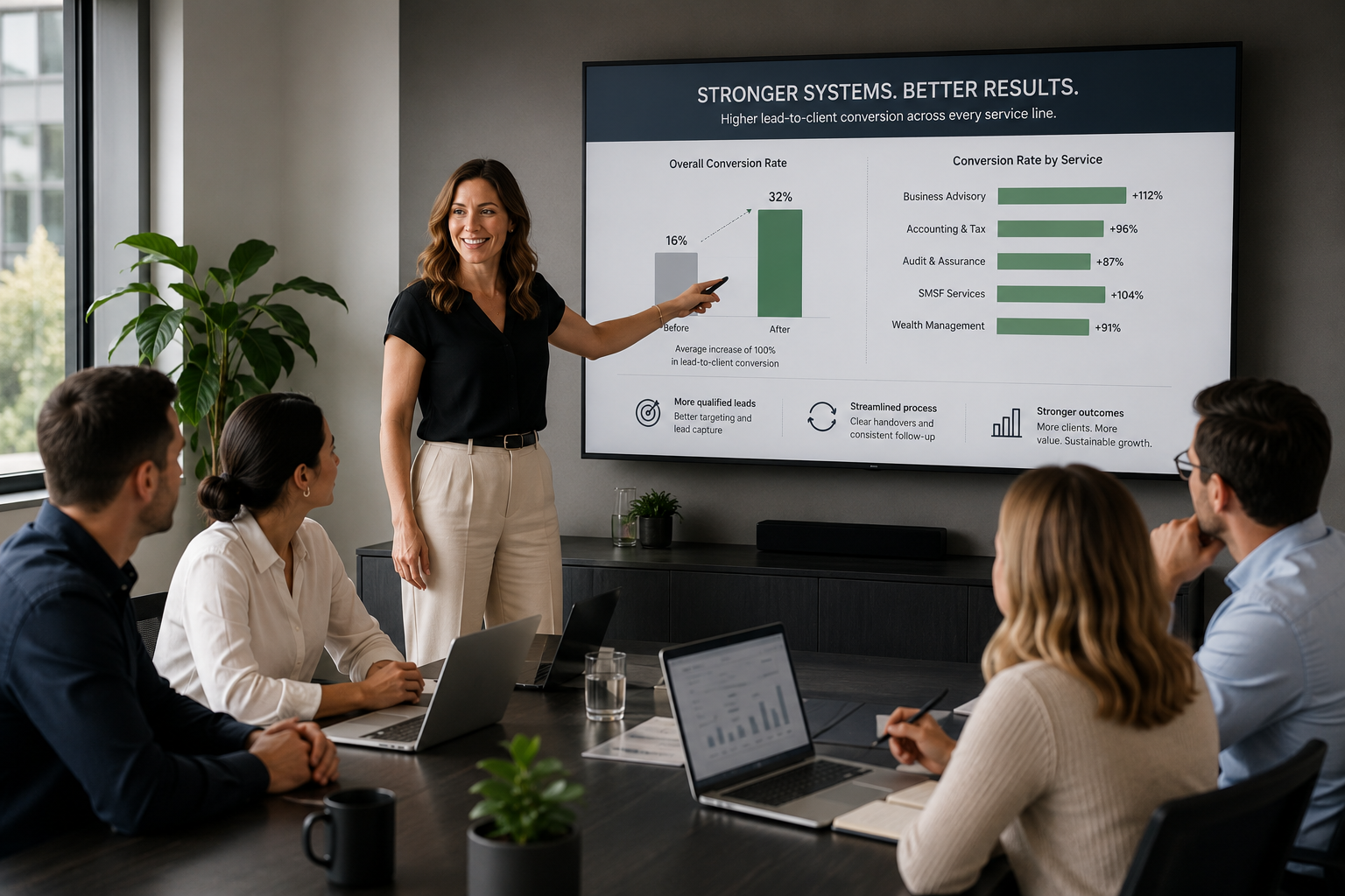 Professional services team discussing lead-to-client conversion rates