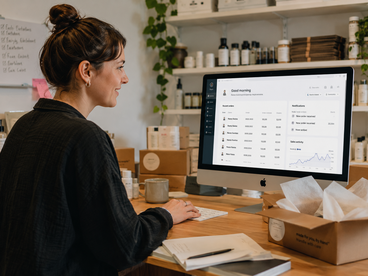 Product business founder viewing a computer with orders coming through