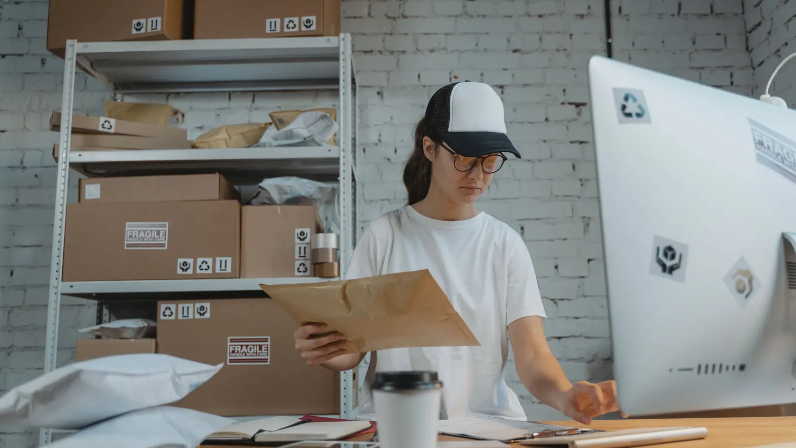 Fulfillment coordinator checking a shipment against order details on a computer in a small warehouse