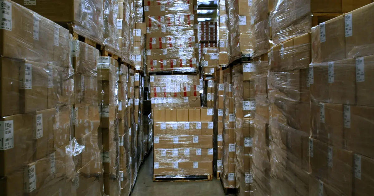 Aisle of stretch-wrapped, labeled pallets stacked to the ceiling in a distribution warehouse.