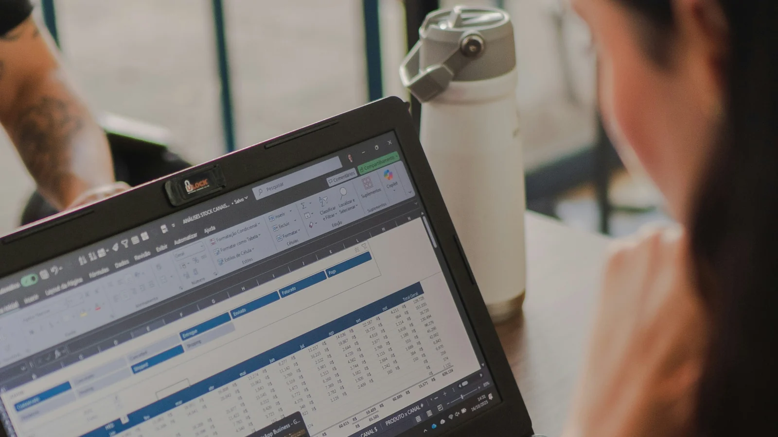 Person reviewing a financial spreadsheet on a laptop, studying revenue figures across the columns.