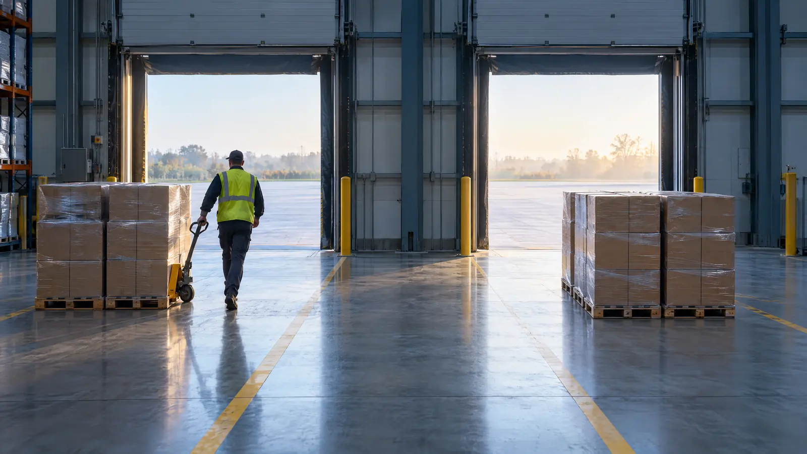 Warehouse worker pulling a pallet jack between two groups of wrapped pallets staged at two open dock doors
