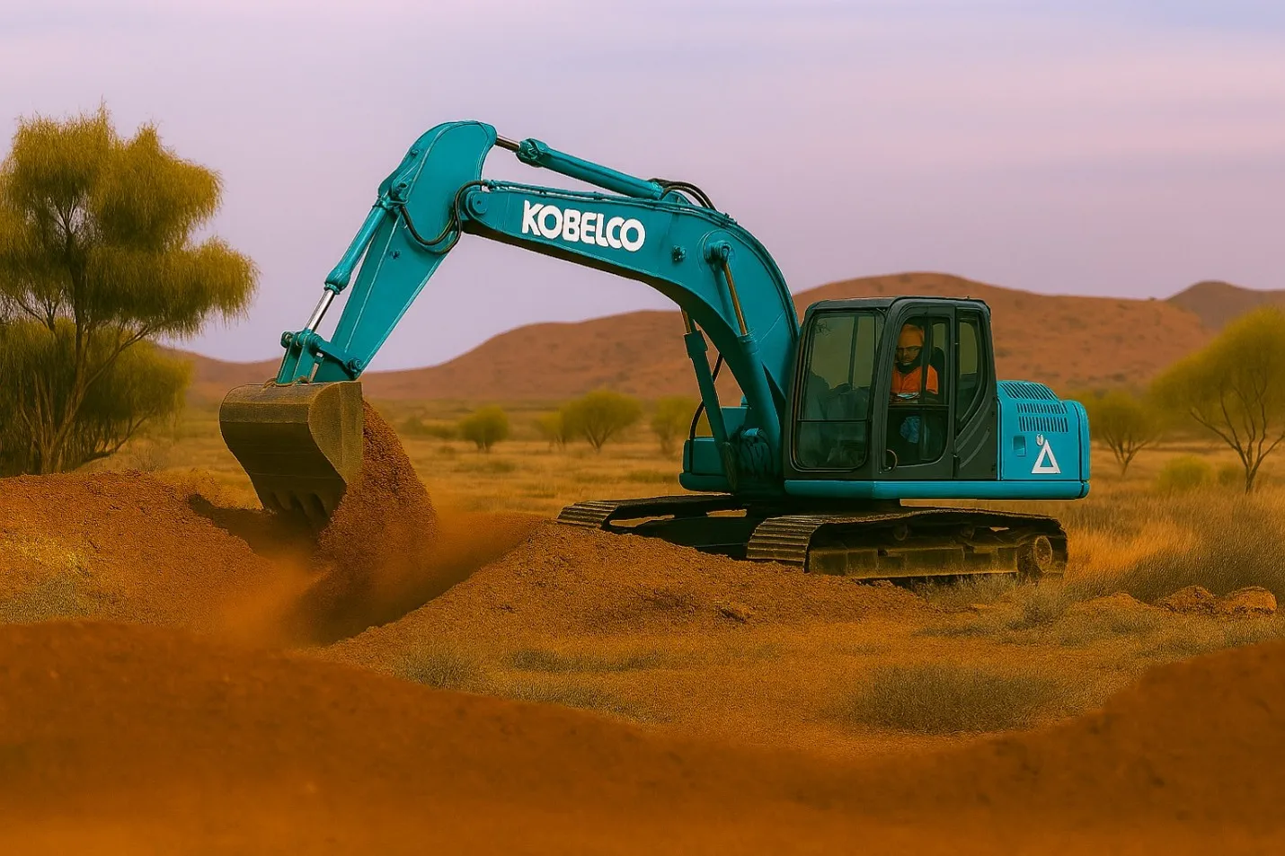 Excavator working in red desert soil on a remote site