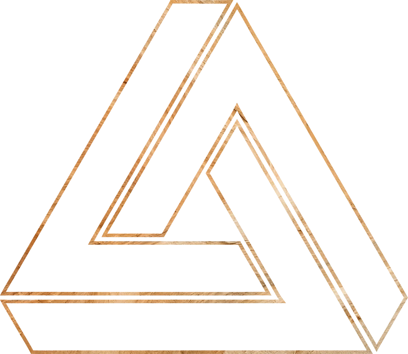 Geometric optical illusion of an impossible triangle with a textured metallic gold outline on a transparent background.