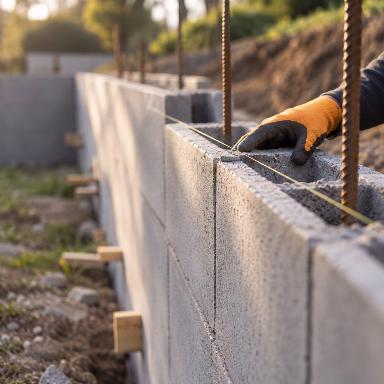 Gloved worker levelling a concrete block retaining wall with reinforcing bar in place