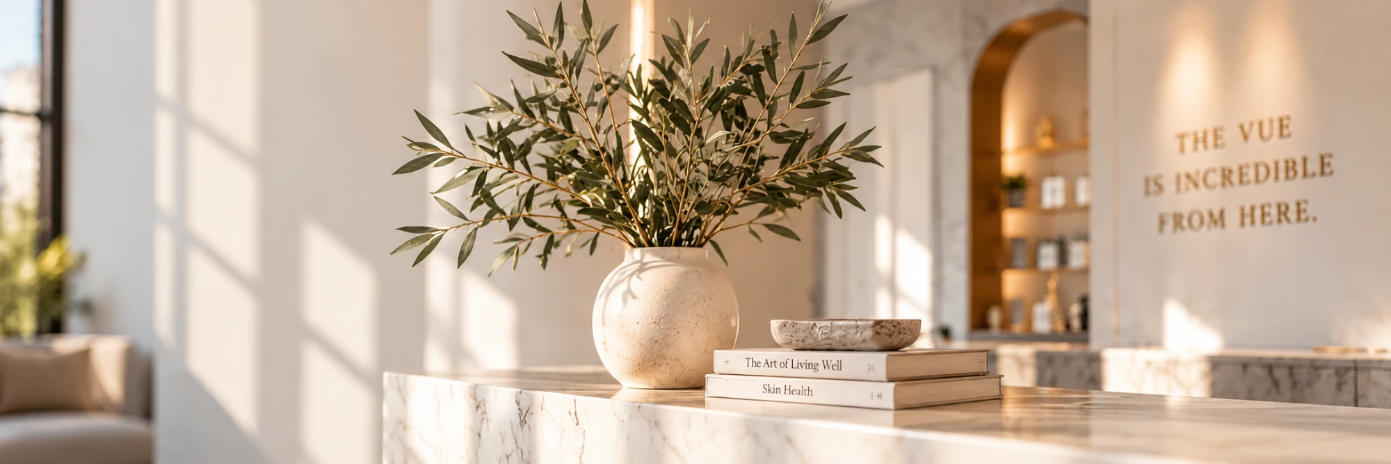 Sunlit marble counter with an olive branch arrangement and books on skin health