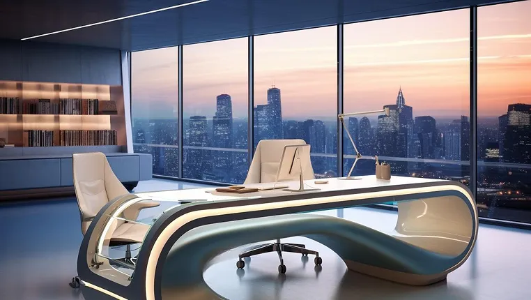 Modern office with futuristic desk and chairs overlooking a city skyline at sunset through large windows.