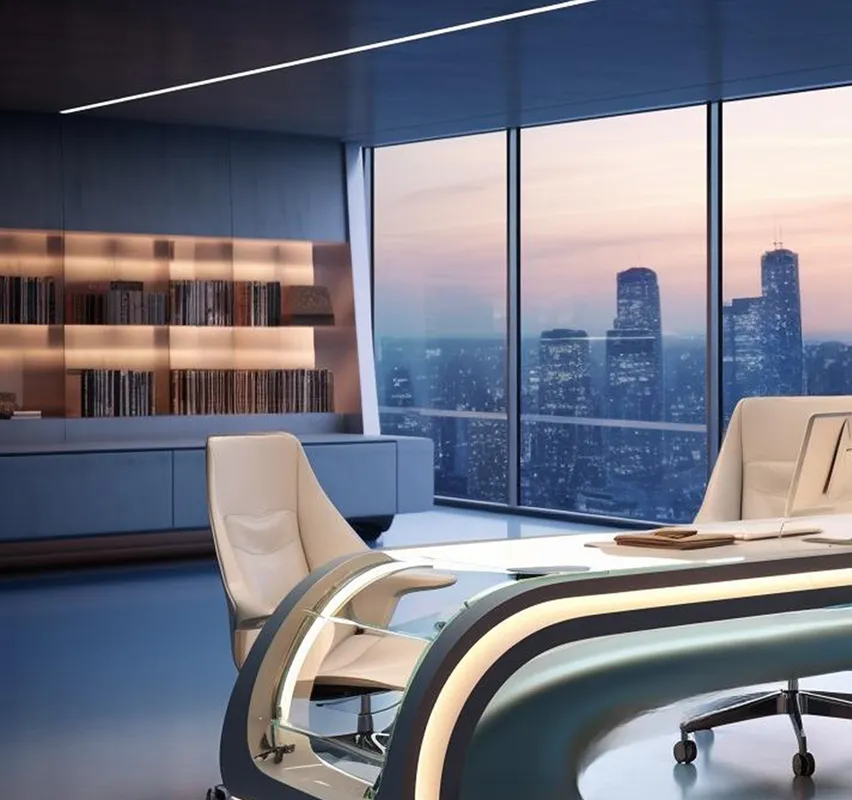 Modern office with glass desk, ergonomic chairs, bookshelf, and city skyline at dusk through large windows.