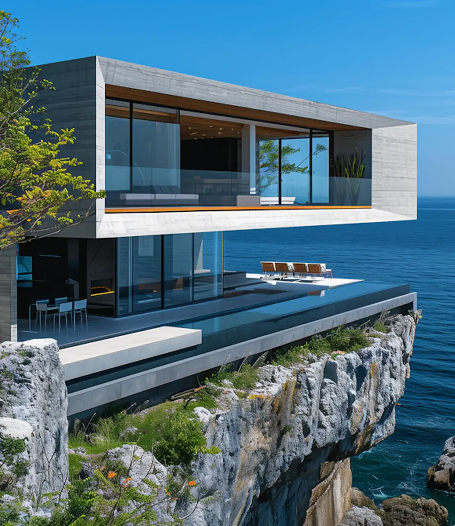Modern concrete house with glass walls on coastal cliff overlooking ocean with infinity pool and lounge chairs.