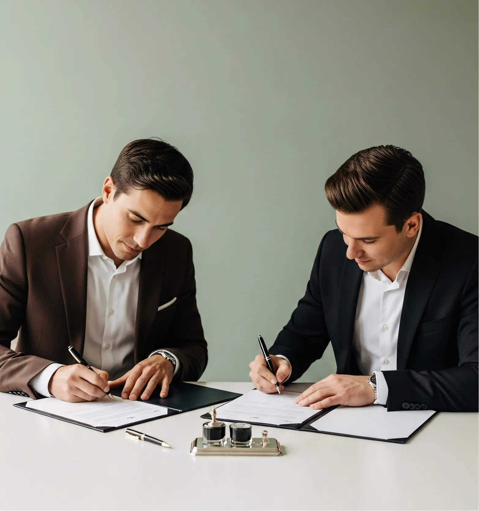 Two men in suits sitting at a white table signing documents with ink and pens nearby.