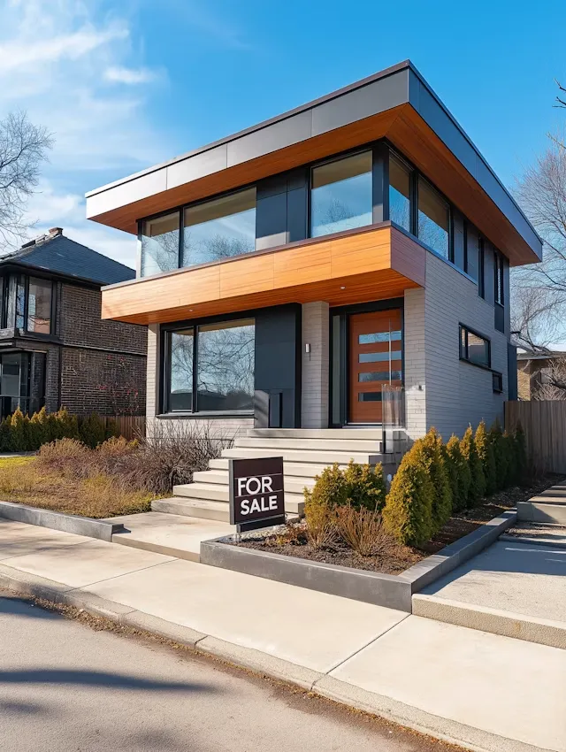 Modern two-story house with large windows and wooden facade details, with a for sale sign in front.