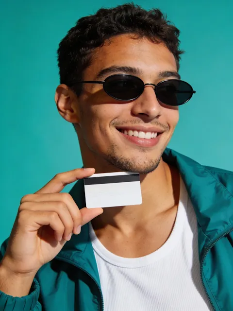 Smiling young man wearing black sunglasses holds a blank white card near his face against teal background.