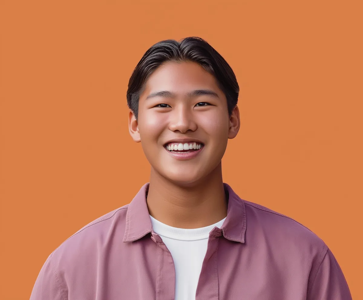 Young man with dark hair wearing a mauve shirt and white t-shirt smiling against an orange background.
