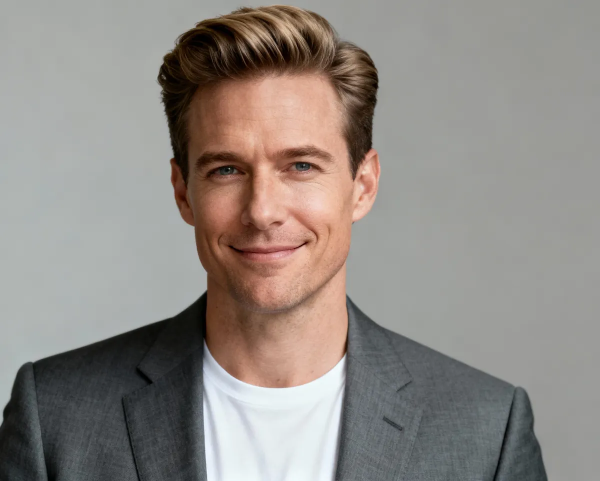Smiling man with blond hair wearing a gray blazer and white shirt on a gray background.