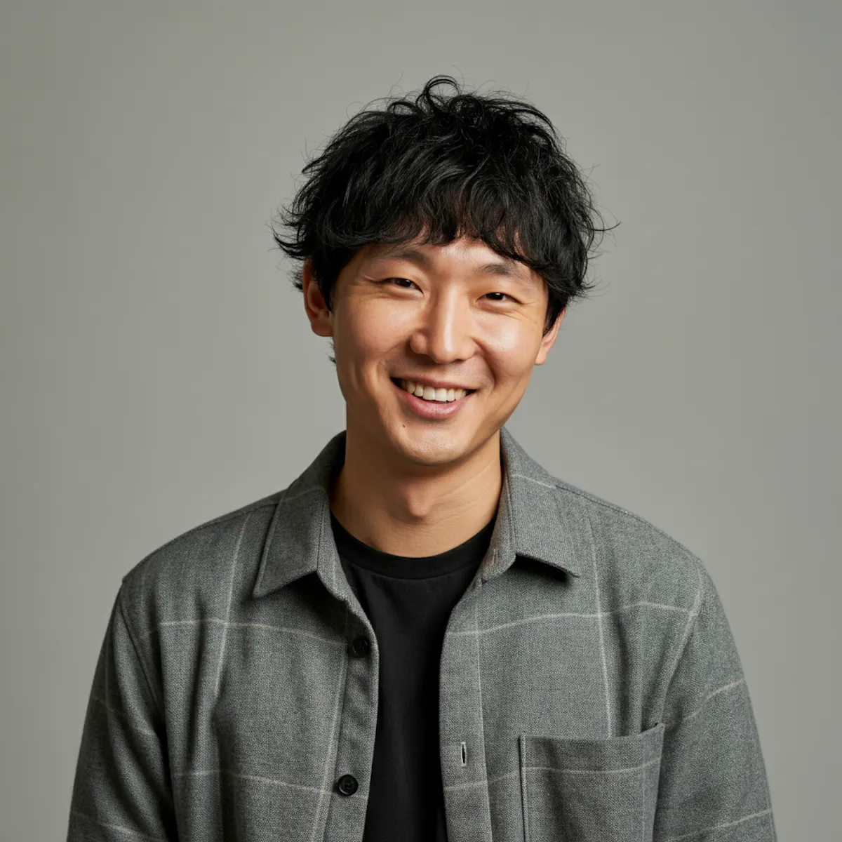 Smiling man with wavy black hair wearing a gray checkered shirt over a black t-shirt.