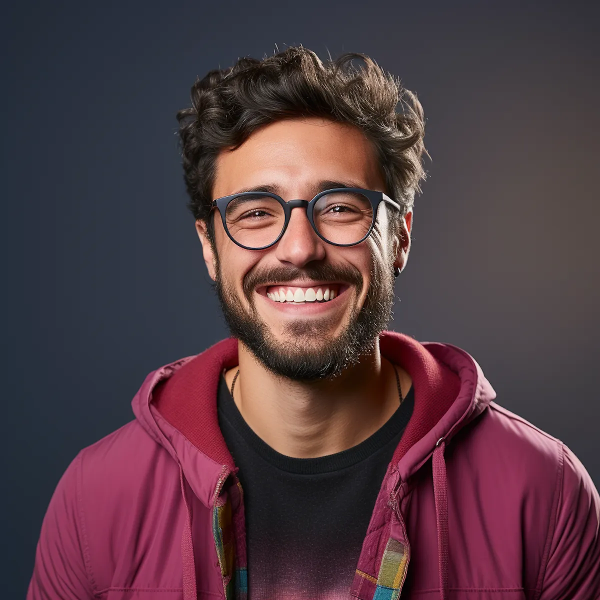 Smiling bearded man with curly hair wearing glasses and a burgundy jacket against dark background.