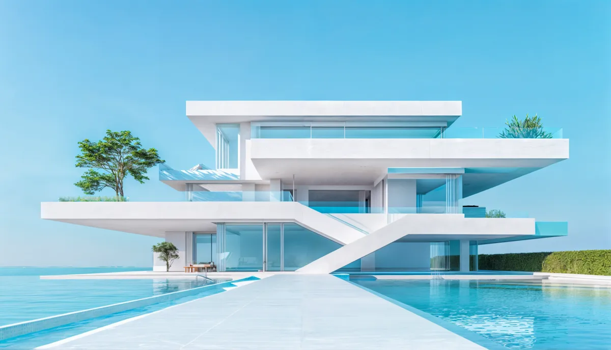 Modern minimalist white house with glass railings surrounded by a large blue reflecting pool under clear sky.