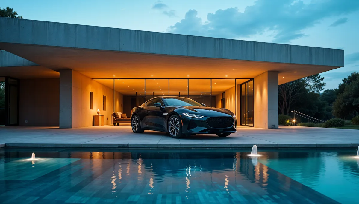 Black modern sports car parked in front of a contemporary house with outdoor pool and warm lights.