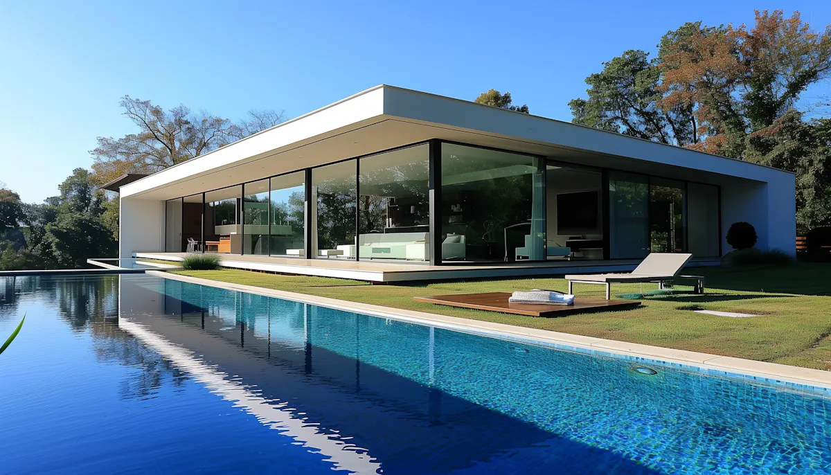 Modern house with floor-to-ceiling glass walls next to a large pool and lawn with a lounge chair.