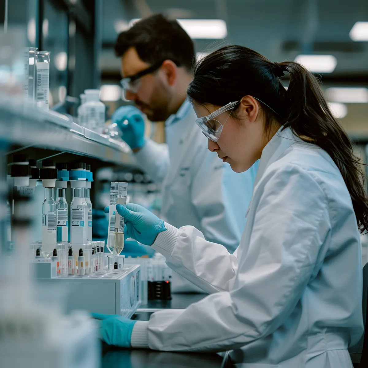 Two scientists in lab coats and gloves examining test tubes in a laboratory setting.