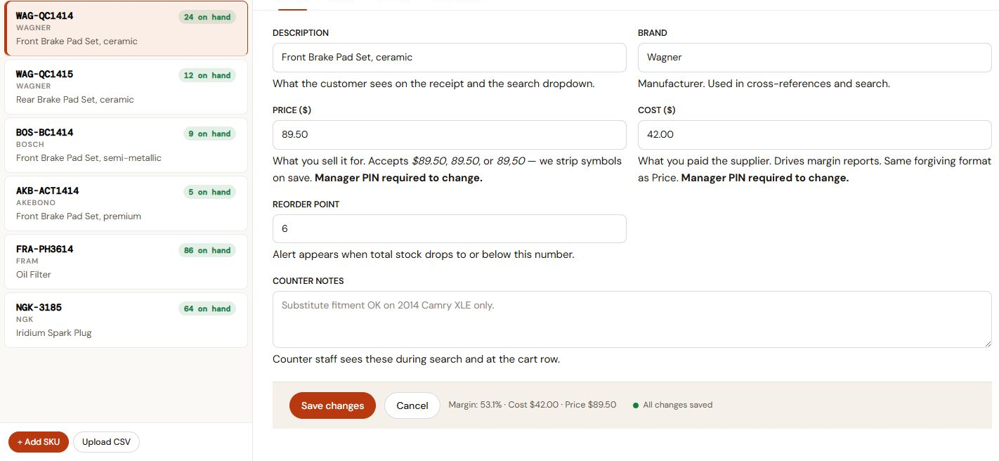 AutoPartsAgent inventory screen with on-hand stock and margins