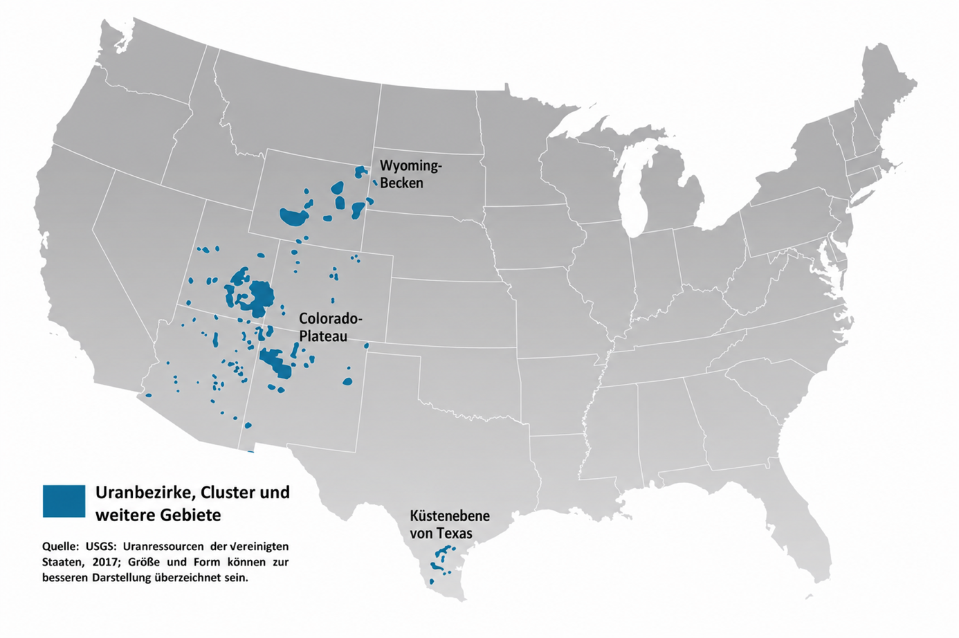 Karte der Uranbezirke der USA mit Wyoming-Becken, Colorado-Plateau und texanischer Küstenebene