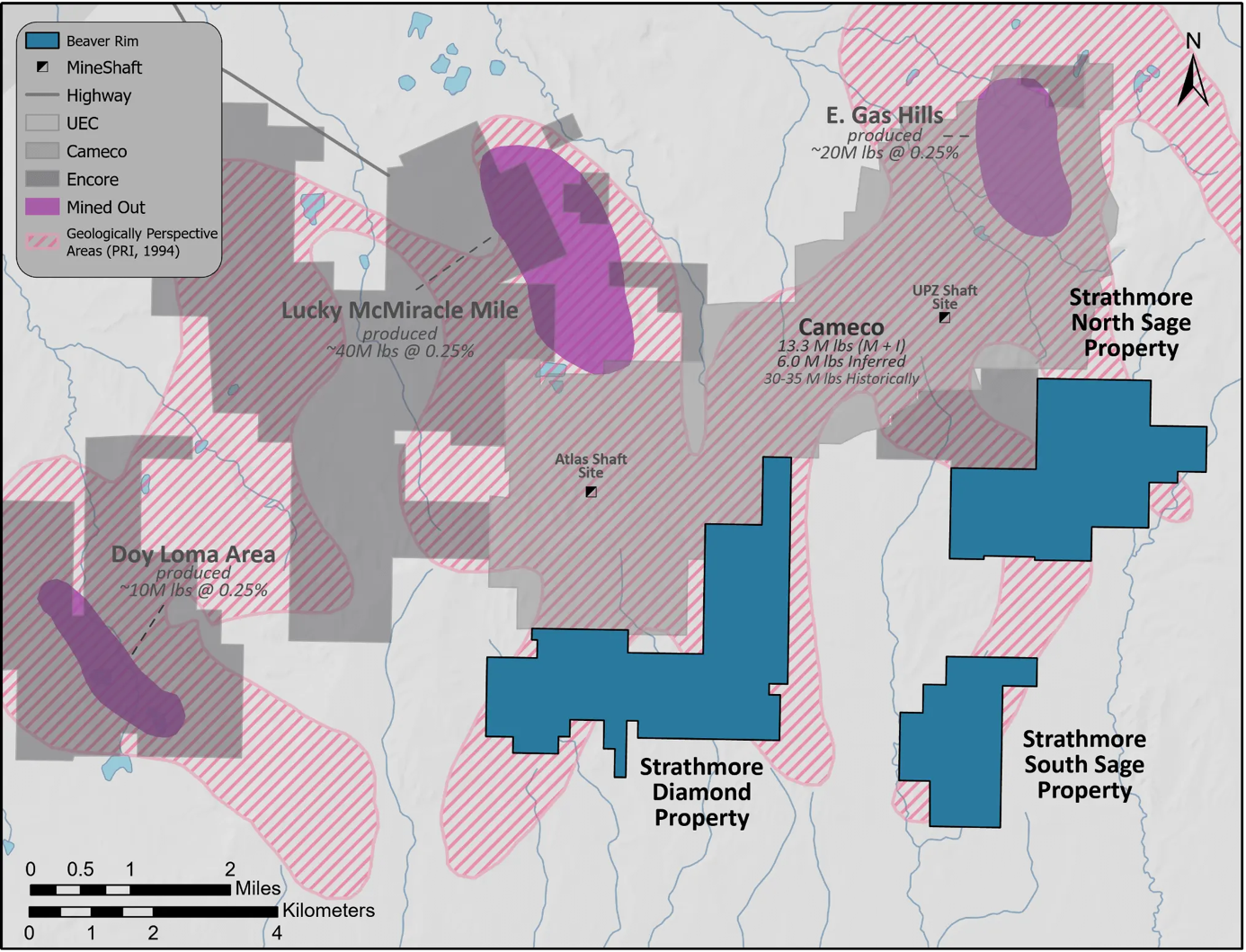 Beaver Rim in den Gas Hills mit den angrenzenden Cameco-Flächen und historischen Abbaugebieten