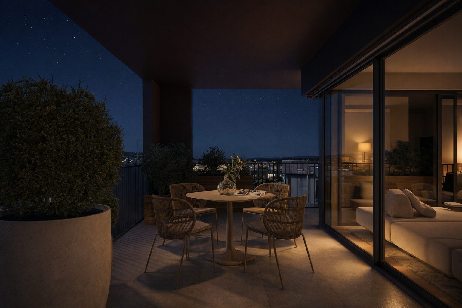 Terrasse eines RASCH AG Projekts in der Abenddämmerung — gebaut und langfristig gehalten